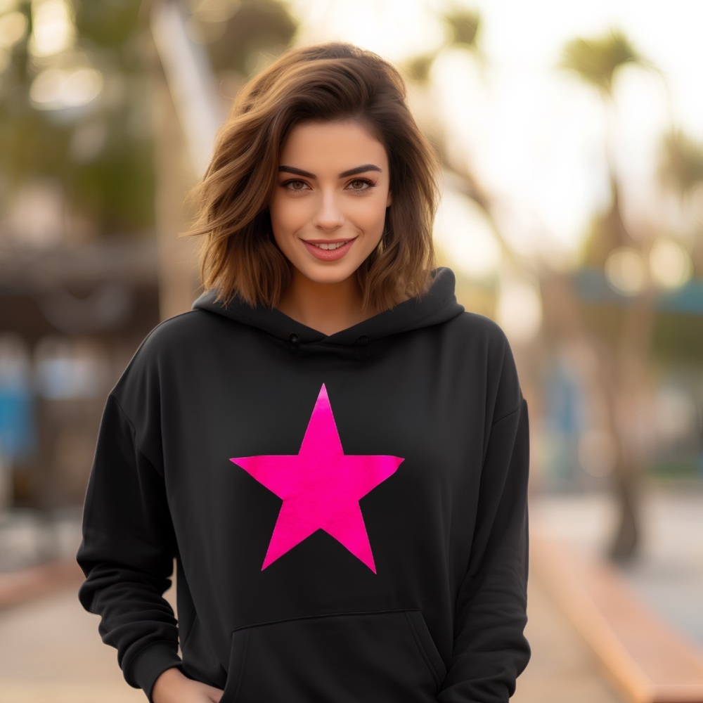 Neon Pink Star Hoodie – Black Pullover with Bold Graphic for Bright, Cozy Style